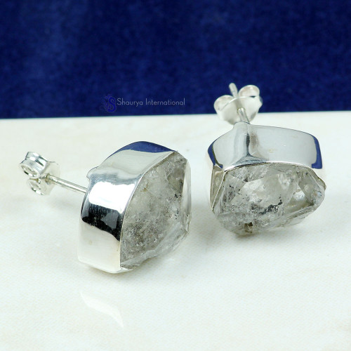 Herkimer Druzy J - SSE889- NATURAL DRUZY & ROUGH GEMSTONE PRONG & PLAIN SETTING EAR