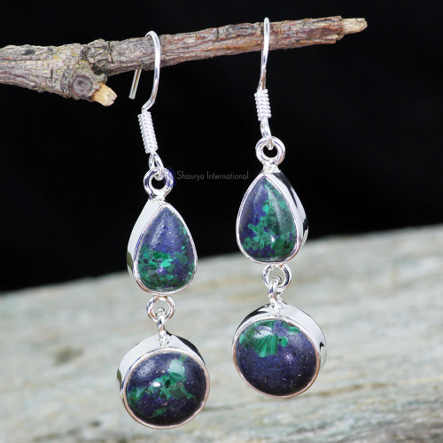 MALACHITE IN AZURITE C - XSE958- NATURAL TWO GEMSTONE FANTASTIC EARRINGS MADE IN 925 STER MALACHITE IN AZURITE C - XSE958- NATURAL TWO GEMSTONE FANTASTIC EARRINGS MADE IN 925 STER
