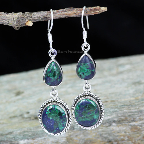 MALACHITE IN AZURITE F - XSE958- NATURAL TWO GEMSTONE FANTASTIC EARRINGS MADE IN 925 STER