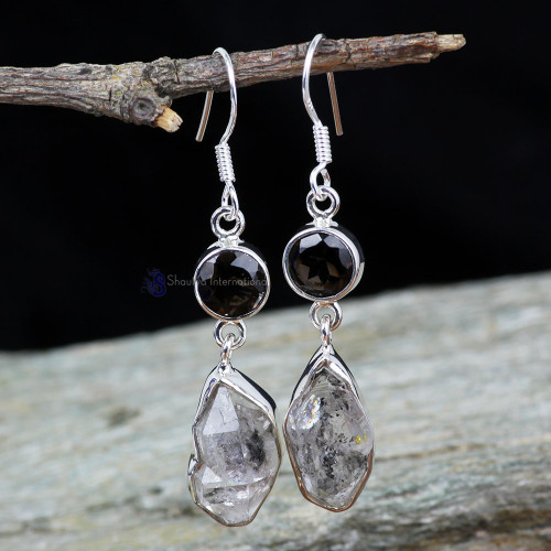 HERKIMER ROUGH & SMOKEY G - XSE958- NATURAL TWO GEMSTONE FANTASTIC EARRINGS MADE IN 925 STER HERKIMER ROUGH & SMOKEY G - XSE958- NATURAL TWO GEMSTONE FANTASTIC EARRINGS MADE IN 925 STER