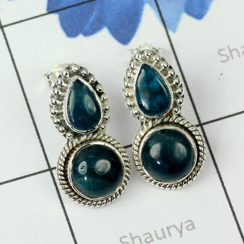 NEON BLUE APATITE D - SSE888-MULTI CUT N CAB GEMSTONE 925 STERLING SILVER STUD EARRING NEON BLUE APATITE D - SSE888-MULTI CUT N CAB GEMSTONE 925 STERLING SILVER STUD EARRING