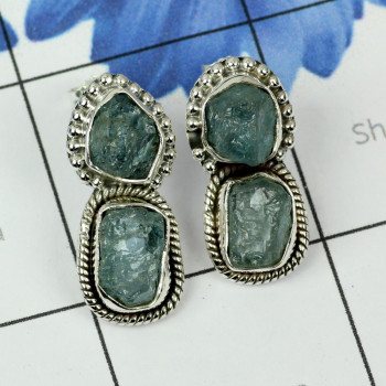 AQUAMARINE ROUGH F - SSE888-MULTI CUT N CAB GEMSTONE 925 STERLING SILVER STUD EARRING