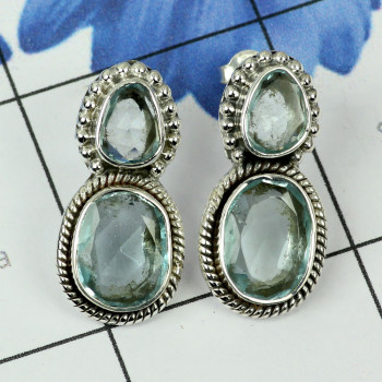 BLUE TOPAZ G - SSE888-MULTI CUT N CAB GEMSTONE 925 STERLING SILVER STUD EARRING