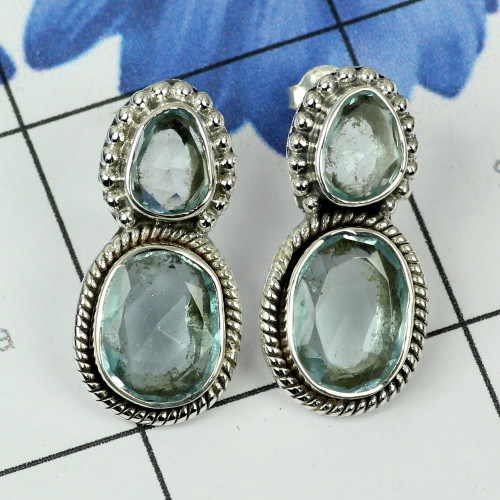 BLUE TOPAZ G - SSE888-MULTI CUT N CAB GEMSTONE 925 STERLING SILVER STUD EARRING