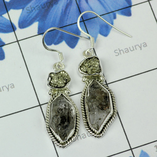 HERKIMER DIAMOND & PYRITE DRUZY C - SDE780-FANCY EARRING CUT N CAB GEMSTONE WITH 925 STERLING SILVER