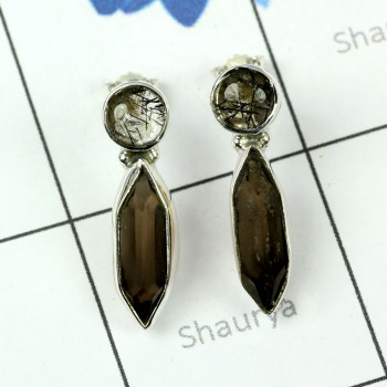 SMOKEY & BLACK RUTALITED A - SSE887-EXCLUSIVE SILVER FABULOUS GEMSTONE STUD EARRING