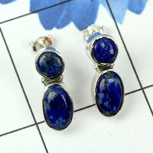 LAPIS F - SSE887-EXCLUSIVE SILVER FABULOUS GEMSTONE STUD EARRING