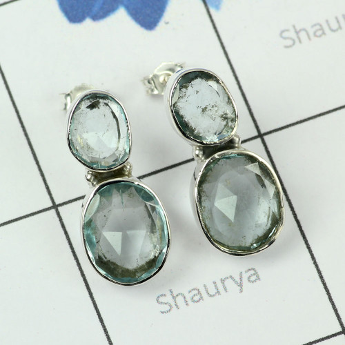 BLUE TOPAZ H - SSE887-EXCLUSIVE SILVER FABULOUS GEMSTONE STUD EARRING