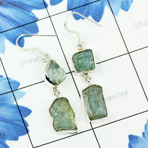 AQUAMARINE ROUGH I - XSE949- GORGEOUS EARRINGS WITH NATURAL GEMSTONE MADE IN 925 STER AQUAMARINE ROUGH I - XSE949- GORGEOUS EARRINGS WITH NATURAL GEMSTONE MADE IN 925 STER