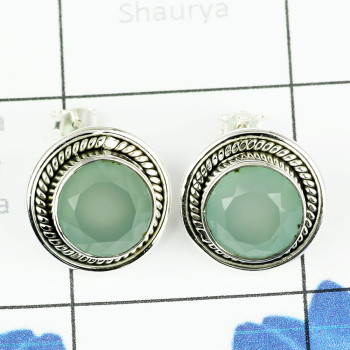 AQUA CHALCEDONY G - SSE886- BEAUTIFUL DESIGNER NATURAL GEMSTONE STUD EARRINGS MADE I