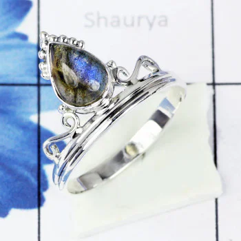 LABRADORITE B - BDR955- NEW DESIGNER NATURAL LABRADORITE GEMSTONE RINGS MADE IN