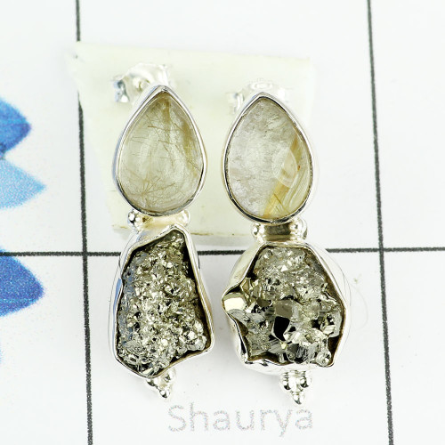 PYRITE DRUZY & GOLDEN RUTAIL C - SSE885- AMAZING DESIGNER OF NATURAL TWO GEMSTONE STUD EARRINGS M