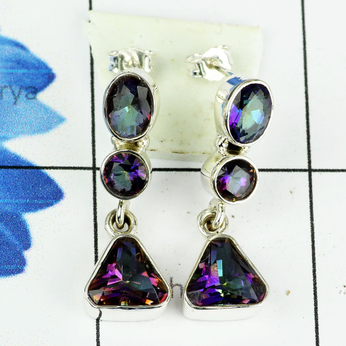 MYSTIC B - SSE884- LOVELY DESIGNER NATURAL THREE GEMSTONE EARRINGS MADE IN