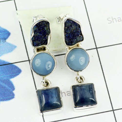 KYNITE, BLUE OPAL, AZURITE DRUZY C - SSE884- LOVELY DESIGNER NATURAL THREE GEMSTONE EARRINGS MADE IN