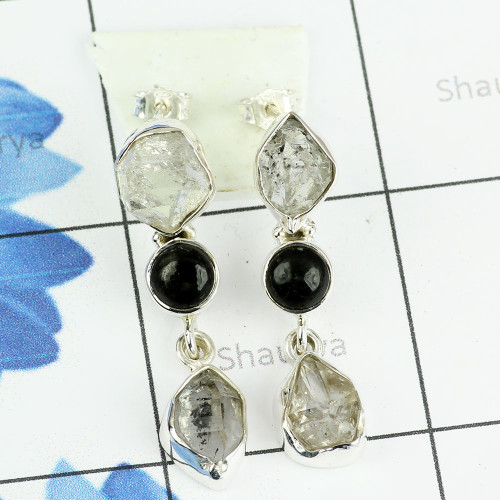 HERKIMER DIAMOND ROUGH E - SSE884- LOVELY DESIGNER NATURAL THREE GEMSTONE EARRINGS MADE IN