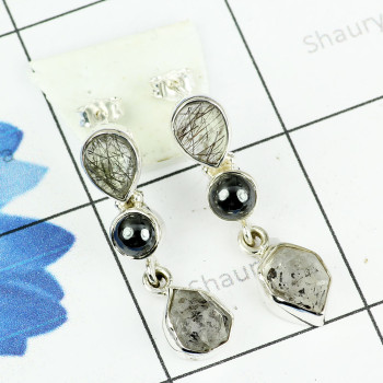 GOLDEN RUTAIL& HERKIMER DIAMOND ROUGH & HEMATITE G - SSE884- LOVELY DESIGNER NATURAL THREE GEMSTONE EARRINGS MADE IN