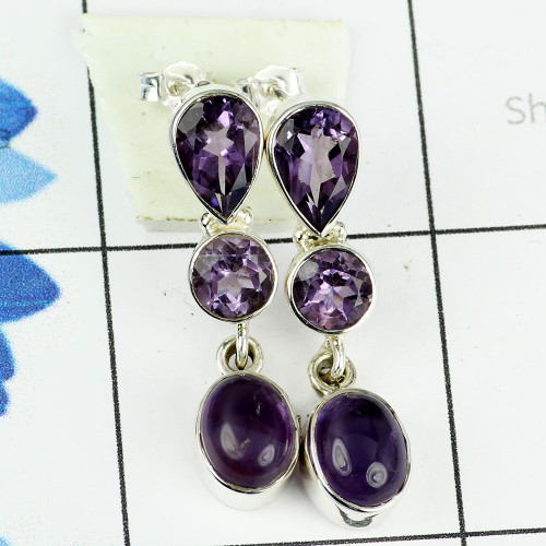 AMETHYST CAB & CUT O - SSE884- LOVELY DESIGNER NATURAL THREE GEMSTONE EARRINGS MADE IN