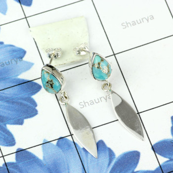 BLUE COPPER TURQUOISE A - SSE883- WONDERFUL DESIGEND NATURAL GEMSTONE EARRINGS MADE IN 925