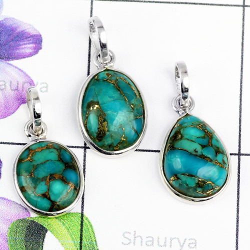 BLUE COPPER TURQUOISE E - SBP895- NATURAL GEMSTONE BEAUTIFUL 3PCS BEZEL PENDANTS SET MADE BLUE COPPER TURQUOISE E - SBP895- NATURAL GEMSTONE BEAUTIFUL 3PCS BEZEL PENDANTS SET MADE