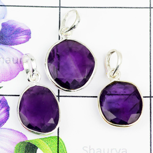 AMETHYST CUT O - SBP895- NATURAL GEMSTONE BEAUTIFUL 3PCS BEZEL PENDANTS SET MADE AMETHYST CUT O - SBP895- NATURAL GEMSTONE BEAUTIFUL 3PCS BEZEL PENDANTS SET MADE