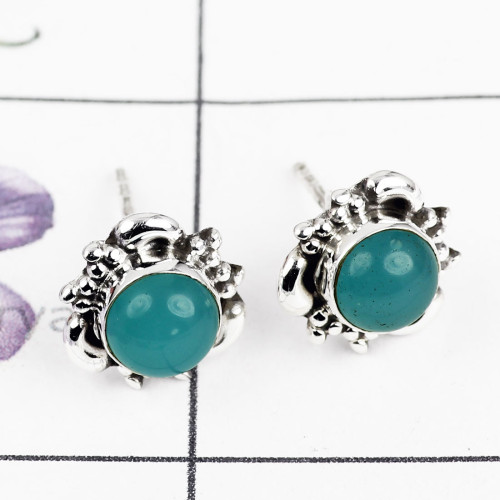BLUE CHALCEDONY O - BLE997-925 STERLING SILVER DESIGNER STUD EARRING WITH MULTI GEMS