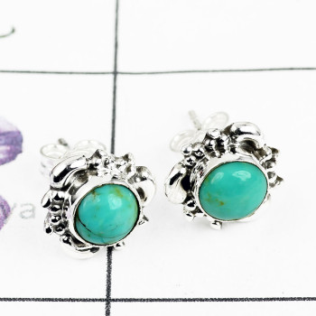 BLUE TURQUOISE I - BLE996-ROUND DESIGNER STUD EARRING MULTI GEMSTONE MADE IN 925 ST