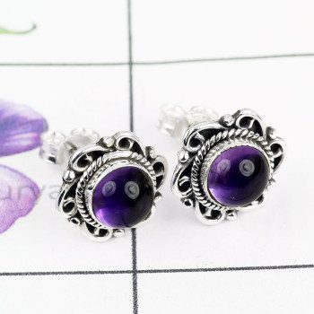 AMETHYST CAB G - BLE995-BEAUTIFUL DESIGNED STUD EARRING WITH 925 STERLING SILVER