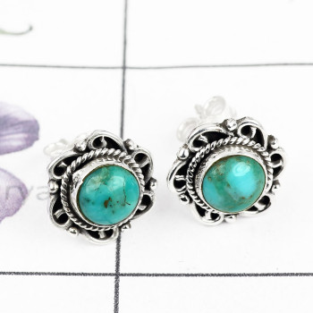 BLUE TURQUOISE H - BLE994-NATURAL GEMSTONE DESIGNER STUD EARRING WITH 925 STERLING