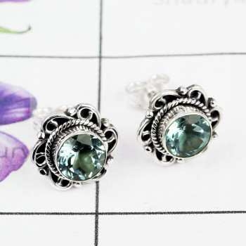 BLUE TOPAZ O - BLE994-NATURAL GEMSTONE DESIGNER STUD EARRING WITH 925 STERLING