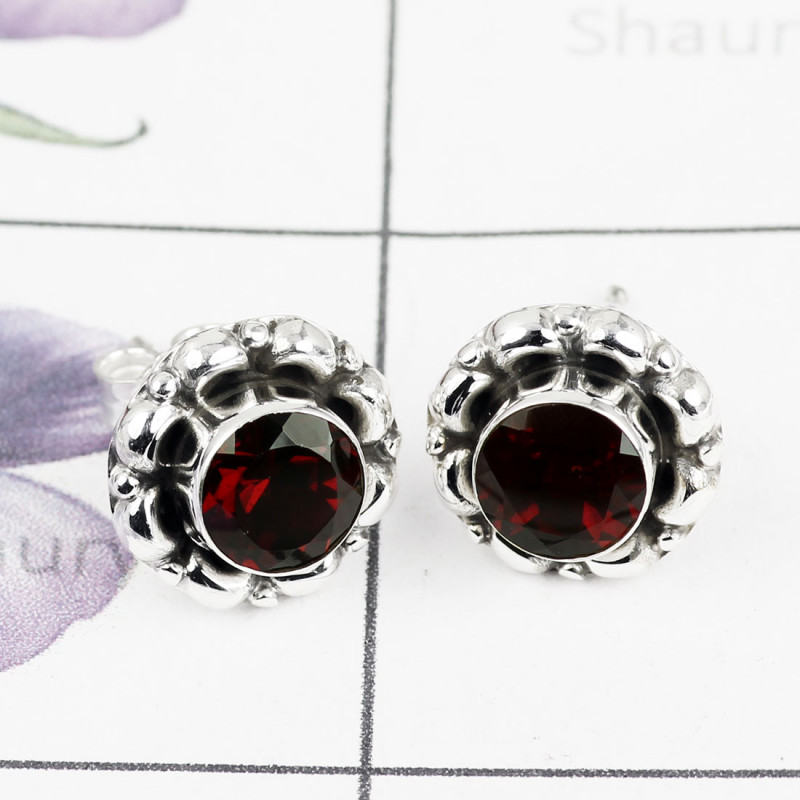GARNET CUT C - BLE993-ROUND DESIGNER STUD EARRING NATURAL GEMSTONE HANDMADE WIT GARNET CUT C - BLE993-ROUND DESIGNER STUD EARRING NATURAL GEMSTONE HANDMADE WIT