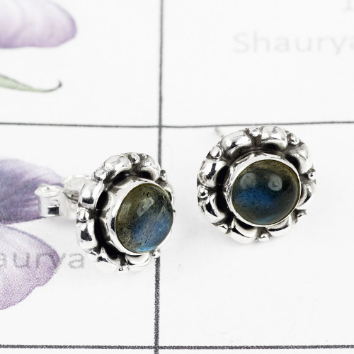 LABRADORITE CAB E - BLE993-ROUND DESIGNER STUD EARRING NATURAL GEMSTONE HANDMADE WIT