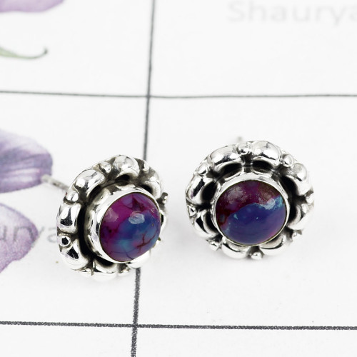 PURPLE TURQUOISE F - BLE993-ROUND DESIGNER STUD EARRING NATURAL GEMSTONE HANDMADE WIT