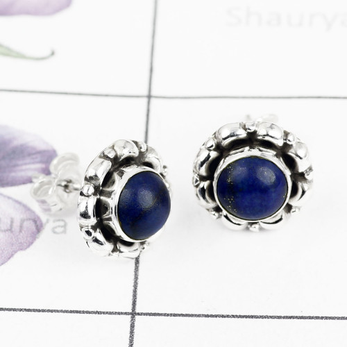 LAPIS H - BLE993-ROUND DESIGNER STUD EARRING NATURAL GEMSTONE HANDMADE WIT