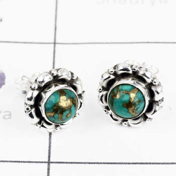 BLUE COPPER TURQUOISE O - BLE993-ROUND DESIGNER STUD EARRING NATURAL GEMSTONE HANDMADE WIT
