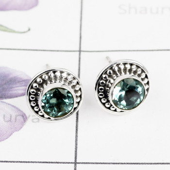 BLUE TOPAZ E - BLE990-HANDMADE DESIGNER STUD EARRING MULTI GEMSTONE WITH 925 ST