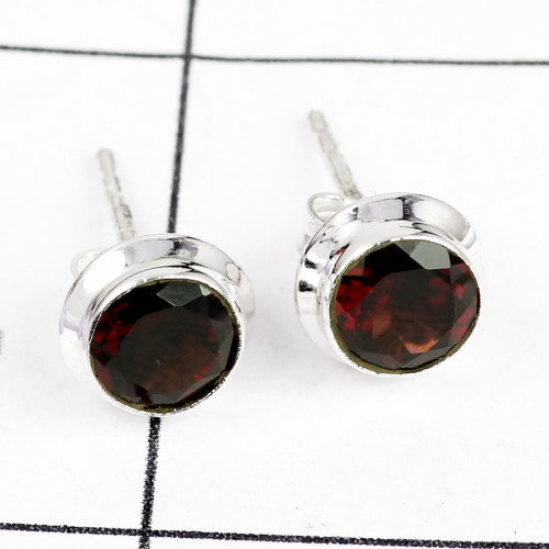GARNET CUT E - BLE988-PLAIN STUD EARRINGS MADE IN 925 STERLING SILVER MULTI GEM