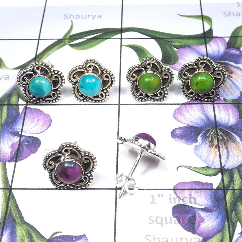 3pcs Multi Cab Gemstone Earrings O - SSE882-Wholesale 3Pcs Designer Stud Earrings Manufactured 925 St