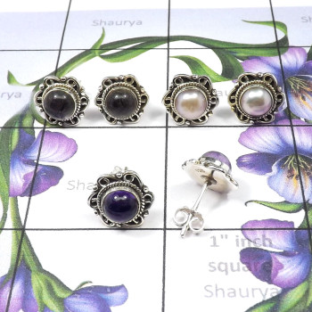 3pcs Black Rutile,Pearl,Amethyst Lot B - SSE877-Beautiful Designer Wholesale 3Pcs Stud Earrings Lot of 92