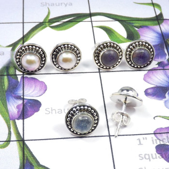 3Pairs Pearl,Charoite,Moonstone Lot E - SSE875-3Pairs Wholesale New Designer Stud Earrings Lot Manufactu