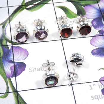 3Pairs Amethyst,Garnet,Mystic Quartz Lot D - SSE874-Wholesale 3 Pairs 6mm Round Stud Earrings Lot With 925 St