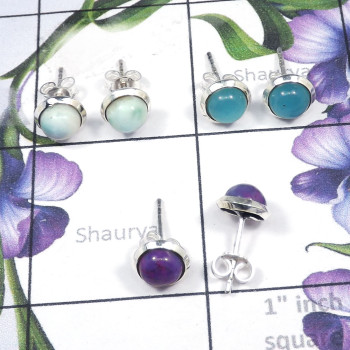 3Pairs Larimar,Chalcedony,Purple Turquoise Lot O - SSE874-Wholesale 3 Pairs 6mm Round Stud Earrings Lot With 925 St
