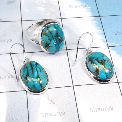 2Pcs Blue Copper Turquoise O - CBS976-Beautiful Ring Earring Wholesale 2Pcs Set of Multi Cab Ge 2Pcs Blue Copper Turquoise O - CBS976-Beautiful Ring Earring Wholesale 2Pcs Set of Multi Cab Ge