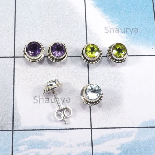 3Pairs Blue Topaz,Peridot,Amethyst C - SSE873-5mm Round Sahpe Wholesale 3Pairs Stud Earrings With Multi