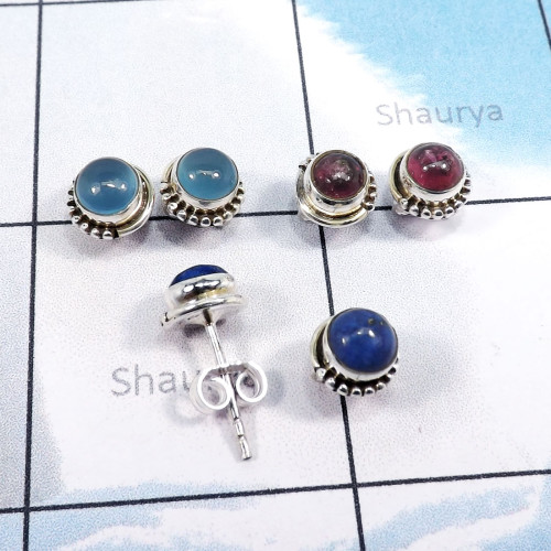 3Pairs Chalcedony,Pink Tourmaline,Lapis D - SSE873-5mm Round Sahpe Wholesale 3Pairs Stud Earrings With Multi