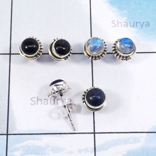 3Pairs Blue Send Stone,Lapis Lazuli,Rainbow Moonstone O - SSE873-5mm Round Sahpe Wholesale 3Pairs Stud Earrings With Multi