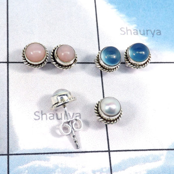 3Pairs Pearl,Chalcedony,Pink Opal E - SSE872-Wholesale 3Pairs 5mm Round Shape Designer Stud Earrings L