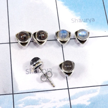 3Pairs Rainbow Moonstone,Turteela Jasper,Black Rutile A - SSE871-3Pairs 5mm Round Shape Stud Earrings Wholesale Lot Manufa