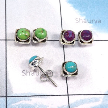 3Pairs Turquoise,Green Turquoise,Purple Turquoise B - SSE870-Sterling Silver Wholesale 3Pairs 5mm Round Shape Stud Ear