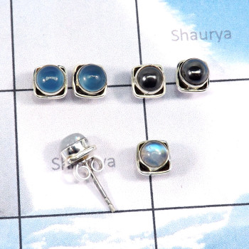 3Pairs Chalcedony,Hematite,Rainbow Moonstone O - SSE870-Sterling Silver Wholesale 3Pairs 5mm Round Shape Stud Ear