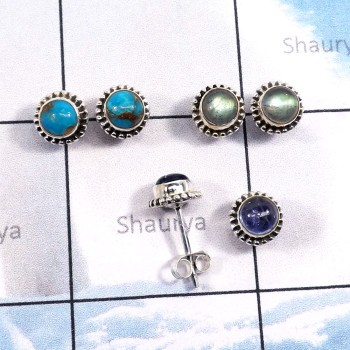 3Pairs Labradorite,Turquouise,Tanzanite Lot A - SSE869-5mm Round Shape Wholesale 3Pairs Stud Earrings With Multi
